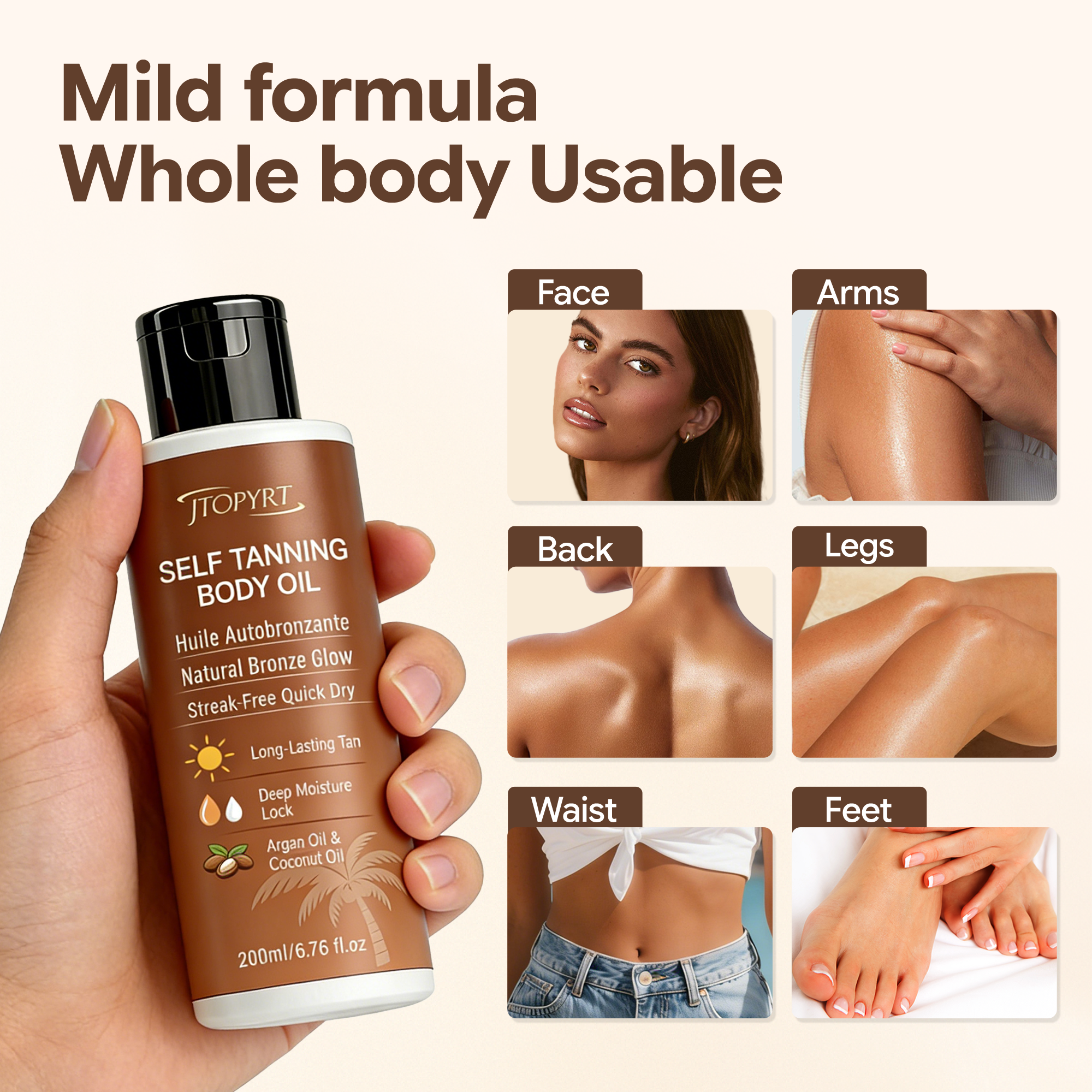 Jtopyrt Self Tanning body oil for A Long-Lasting Natural Bronze Glow for Face and Body