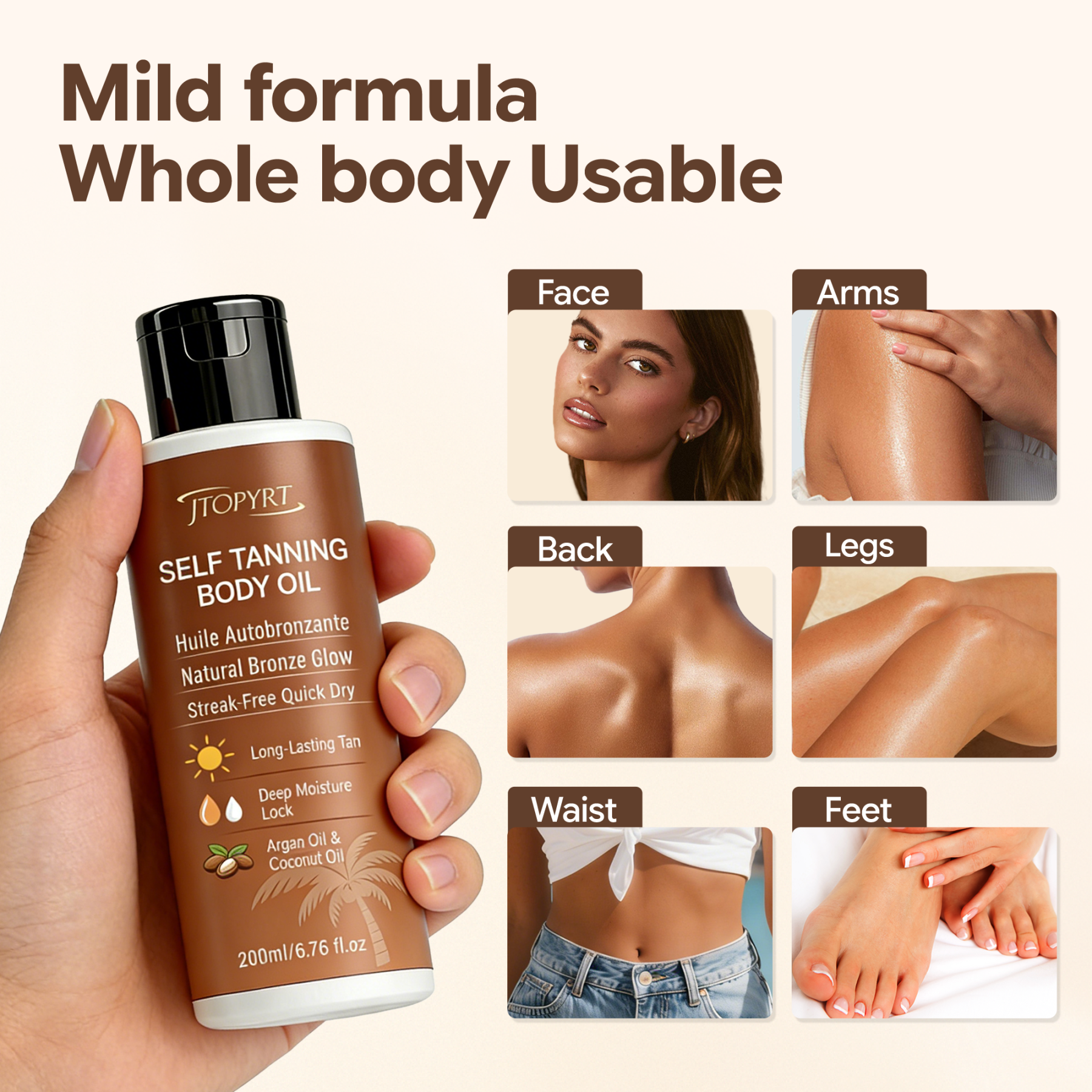 Jtopyrt Self Tanning body oil for A Long-Lasting Natural Bronze Glow for Face and Body
