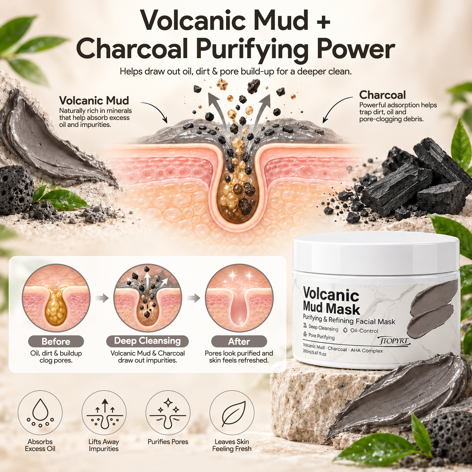 Jtopyrt Volcanic Mud Mask Deep Cleansing and Oil Control Face Mask for Pore Purifying 250g/8.8 fl oz