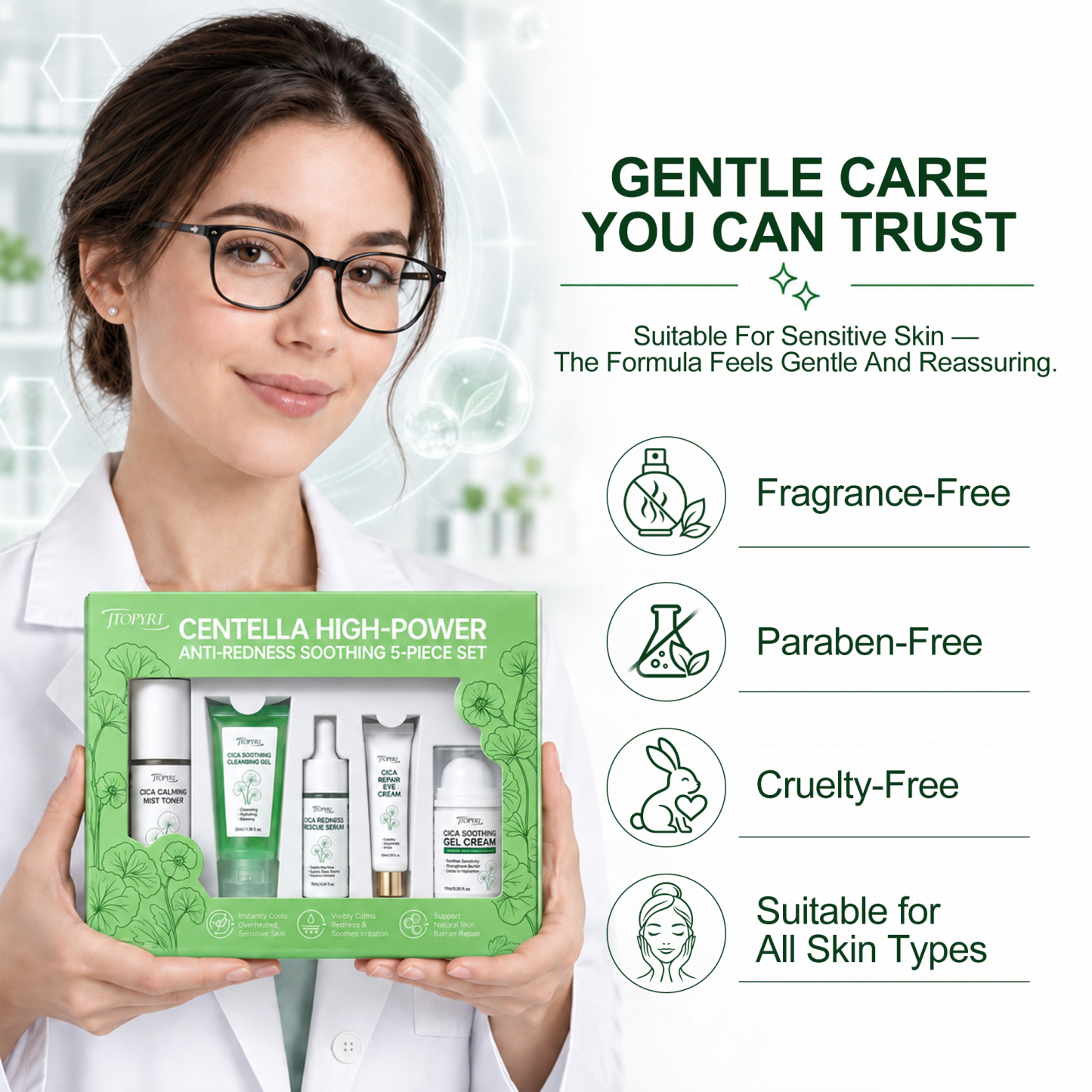 Jtopyrt Centella Cica 5-Piece Anti-Redness Soothing Skincare Set Gentle Daily Routine for Sensitive and Redness-Prone Skin