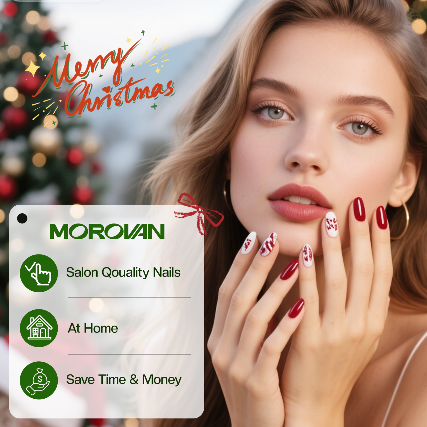 Morovan Christmas Press on Nails Snowflake Fake Nails Short Square Red Solid Color Glue on Nails for Women DIY
