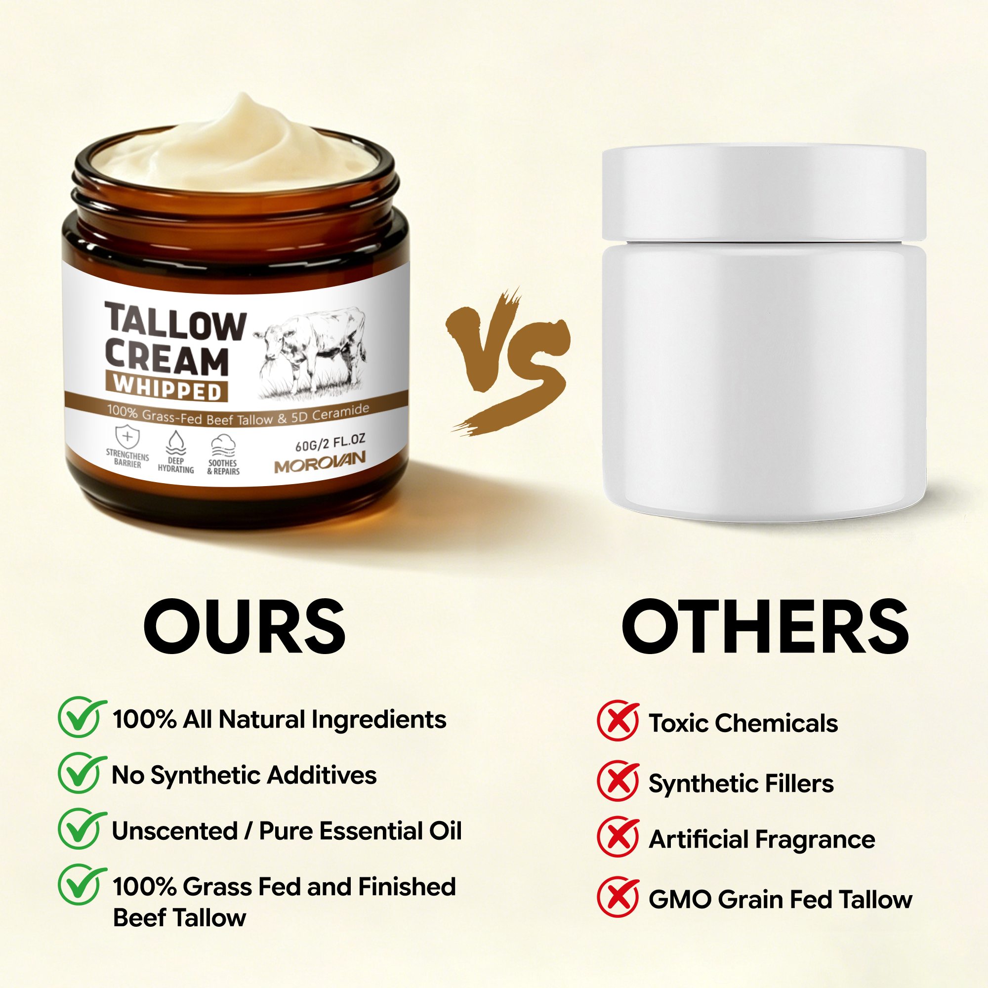 Morovan Face Moisturizer Whipped Beef Tallow Cream 5D Ceramide Daily Skincare Face Sensitive Skin 2 fl oz