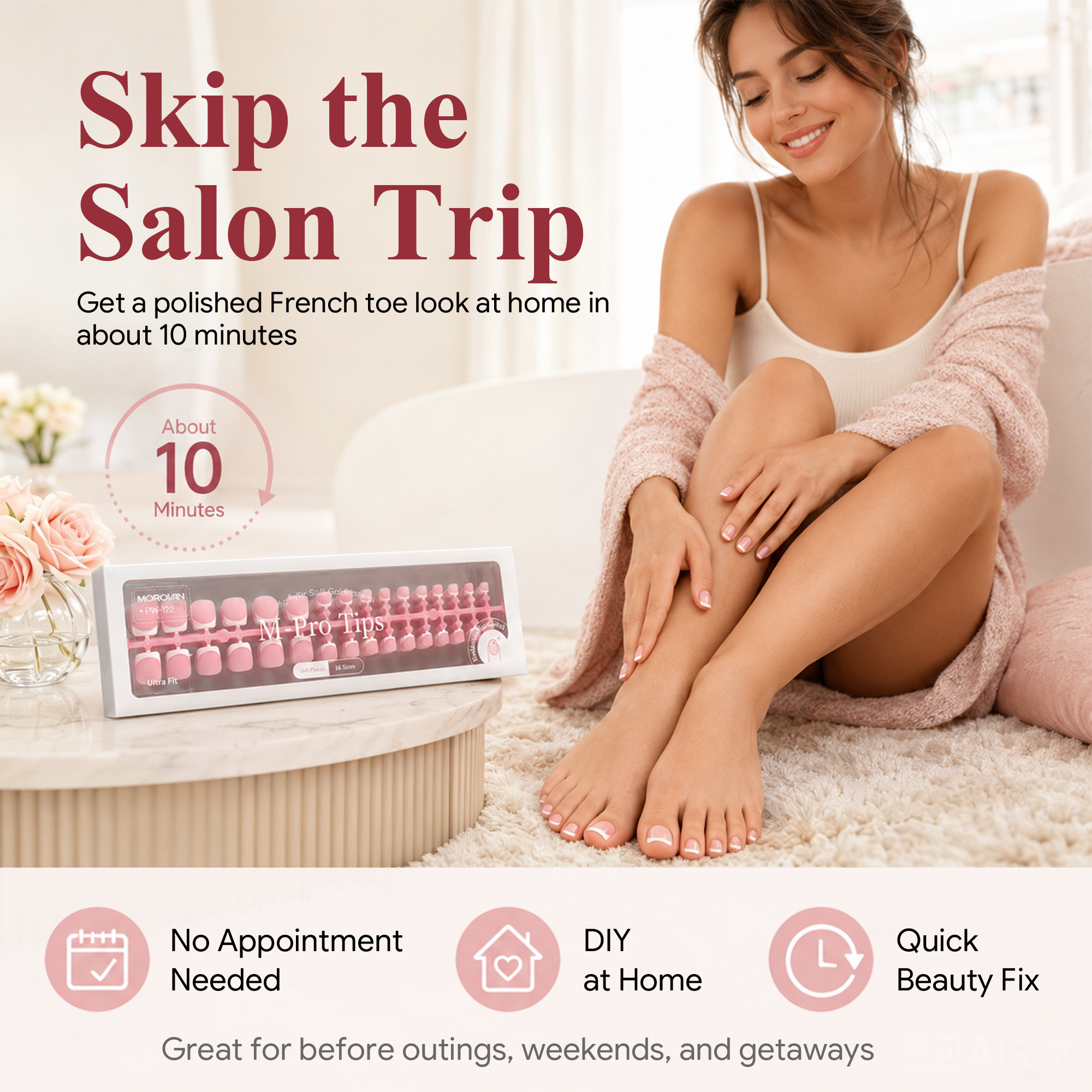 Morovan French Tips Toe Press On Nails, 160pcs Square Soft Gel False Toenails with Pre-Designed Berry Pink Full Cover Tips, 16 Sizes