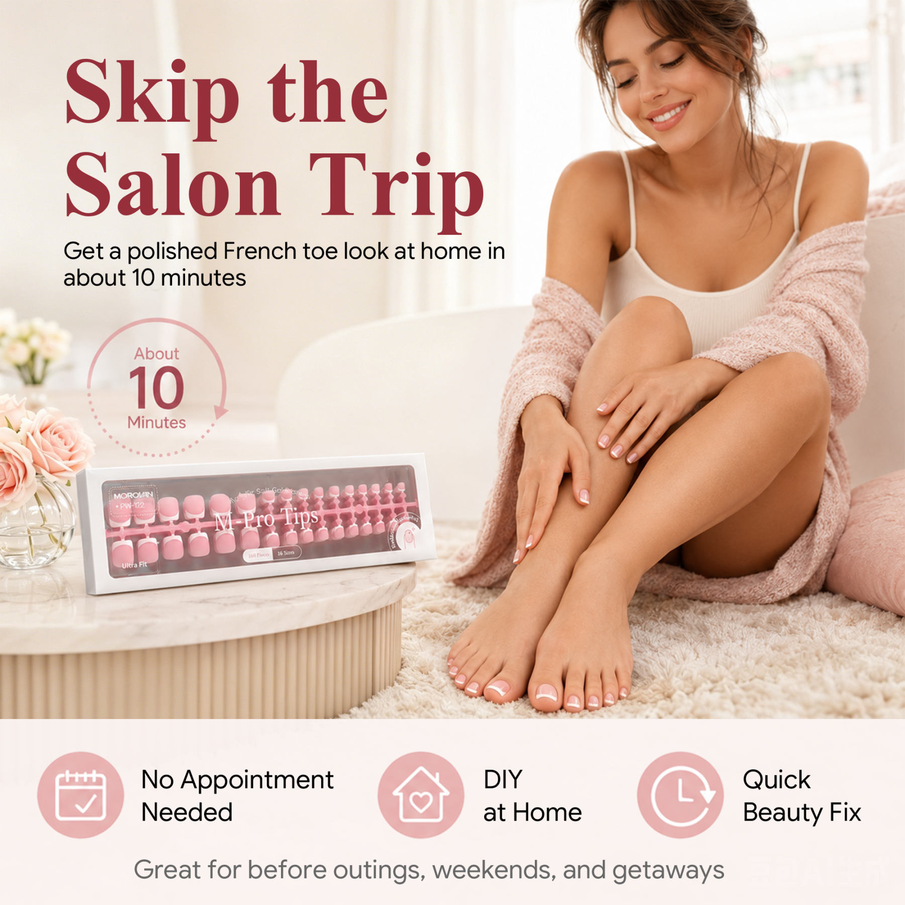 Morovan French Tips Toe Press On Nails, 160pcs Square Soft Gel False Toenails with Pre-Designed Berry Pink Full Cover Tips, 16 Sizes