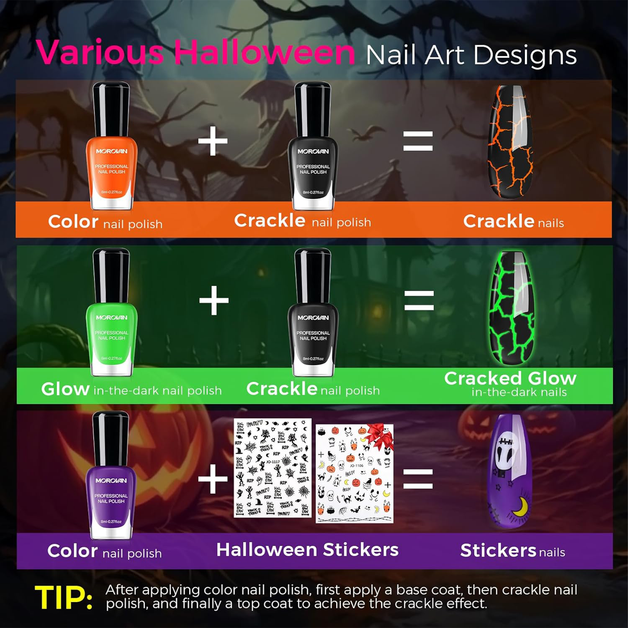 Morovan Halloween Nail Polish Set: Black Crackle Pumpkin Orange Glow in the Dark Neon Green Fingernail Polish Kit with Nail Stickers