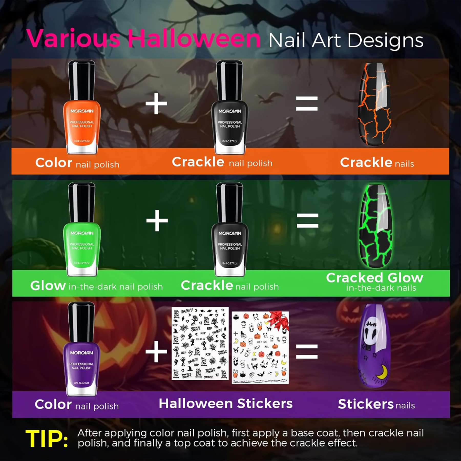 Morovan Halloween Nail Polish Set: Black Crackle Pumpkin Orange Glow in the Dark Neon Green Fingernail Polish Kit with Nail Stickers