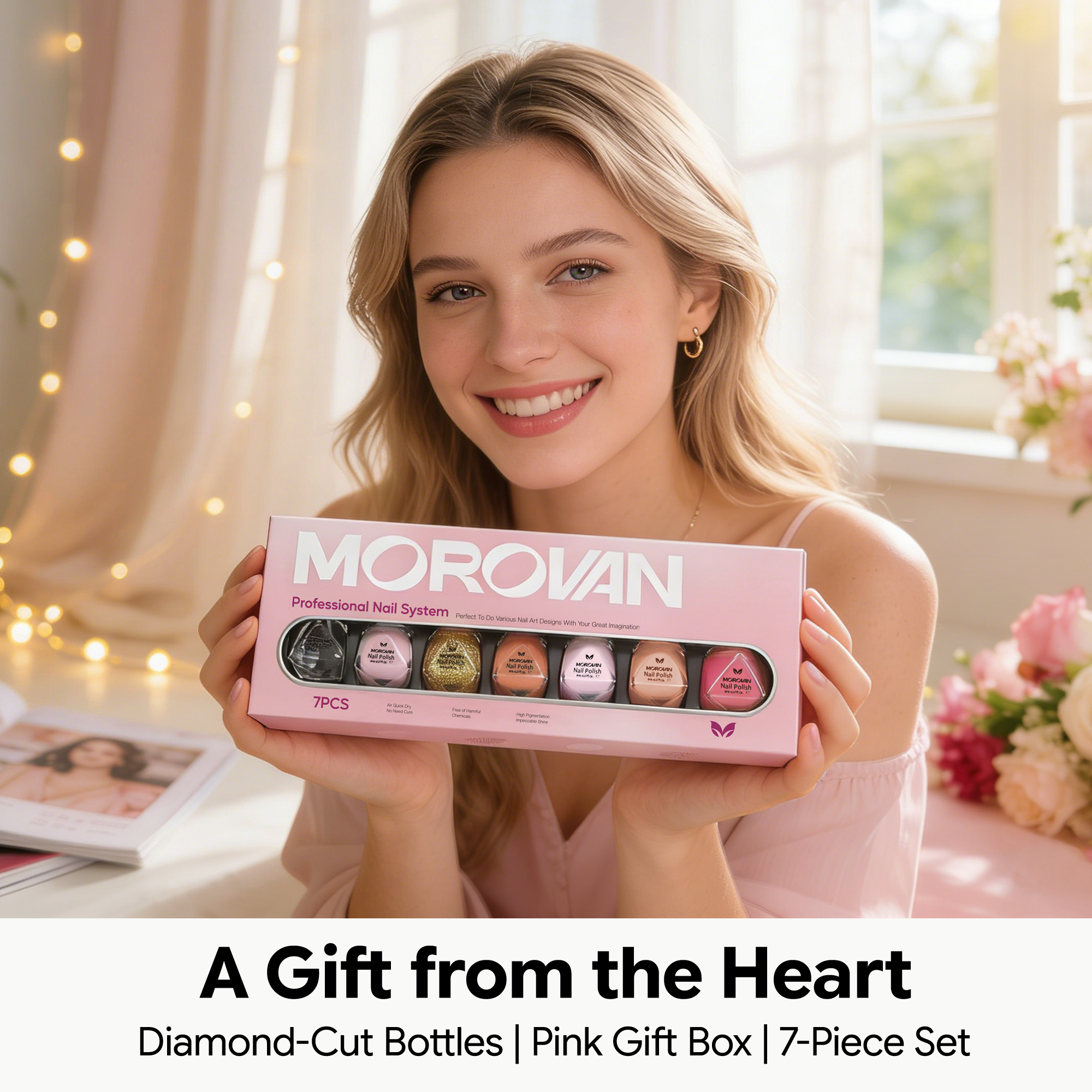 Morovan 7Pcs Pink Nude Nail Polish Set with 2 IN 1 Base and Top Coat,Nail Art Home DIY Fingernail Polish Gift Set for Women