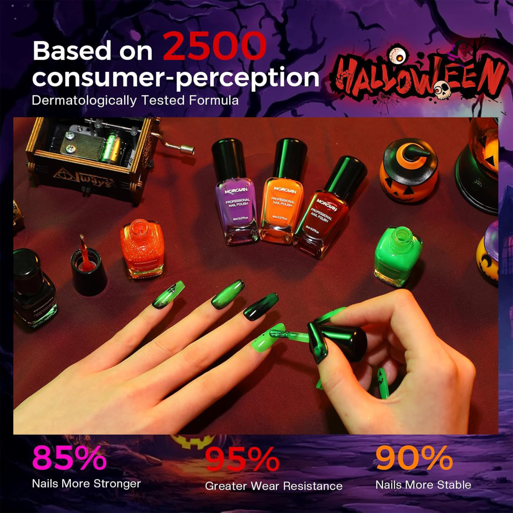 Morovan Halloween Nail Polish Set: Black Crackle Pumpkin Orange Glow in the Dark Neon Green Fingernail Polish Kit with Nail Stickers