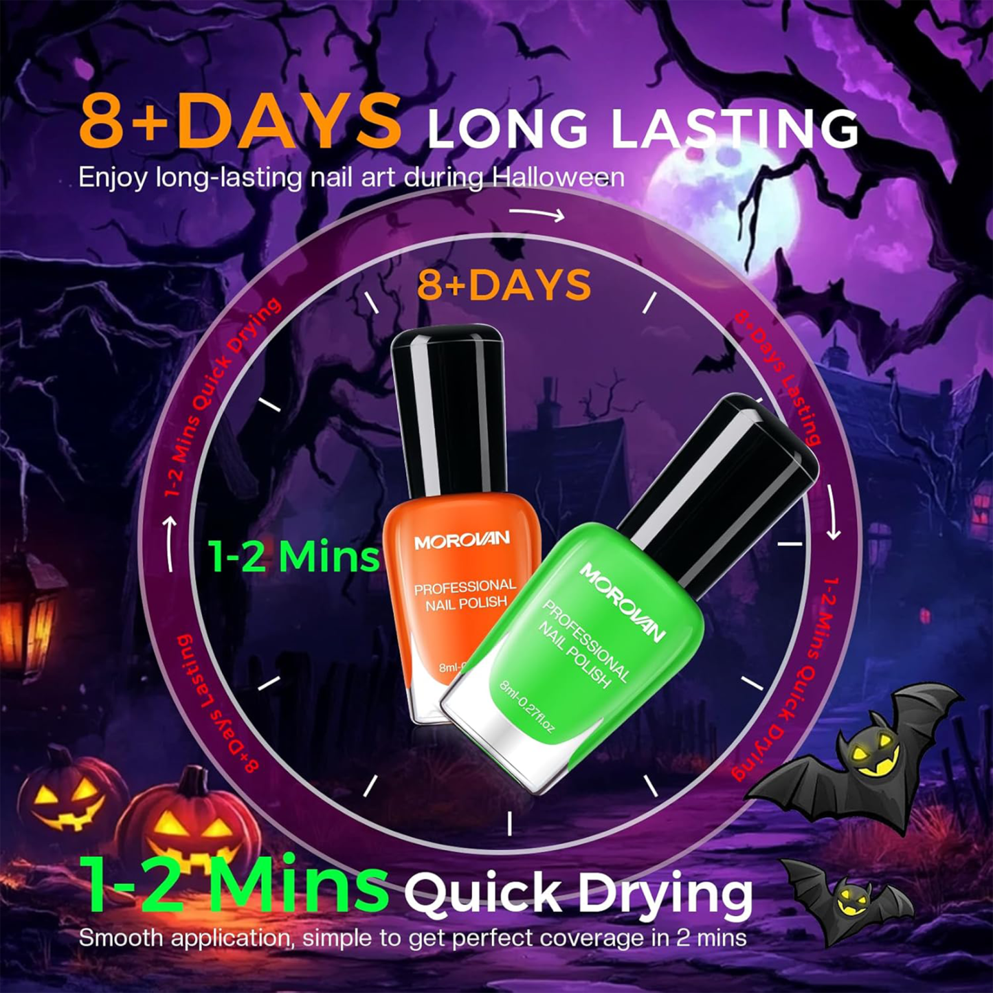 Morovan Halloween Nail Polish Set: Black Crackle Pumpkin Orange Glow in the Dark Neon Green Fingernail Polish Kit with Nail Stickers