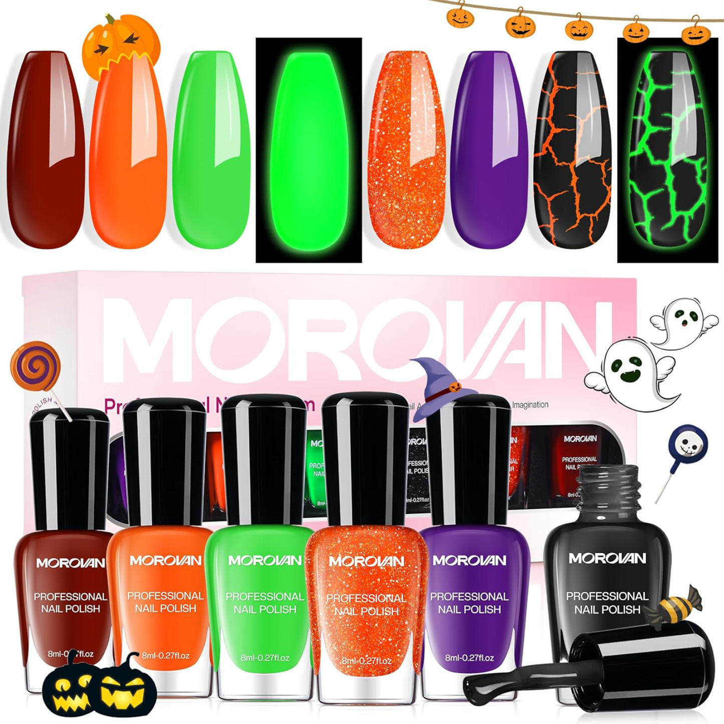 Morovan Halloween Nail Polish Set: Black Crackle Pumpkin Orange Glow in the Dark Neon Green Fingernail Polish Kit with Nail Stickers