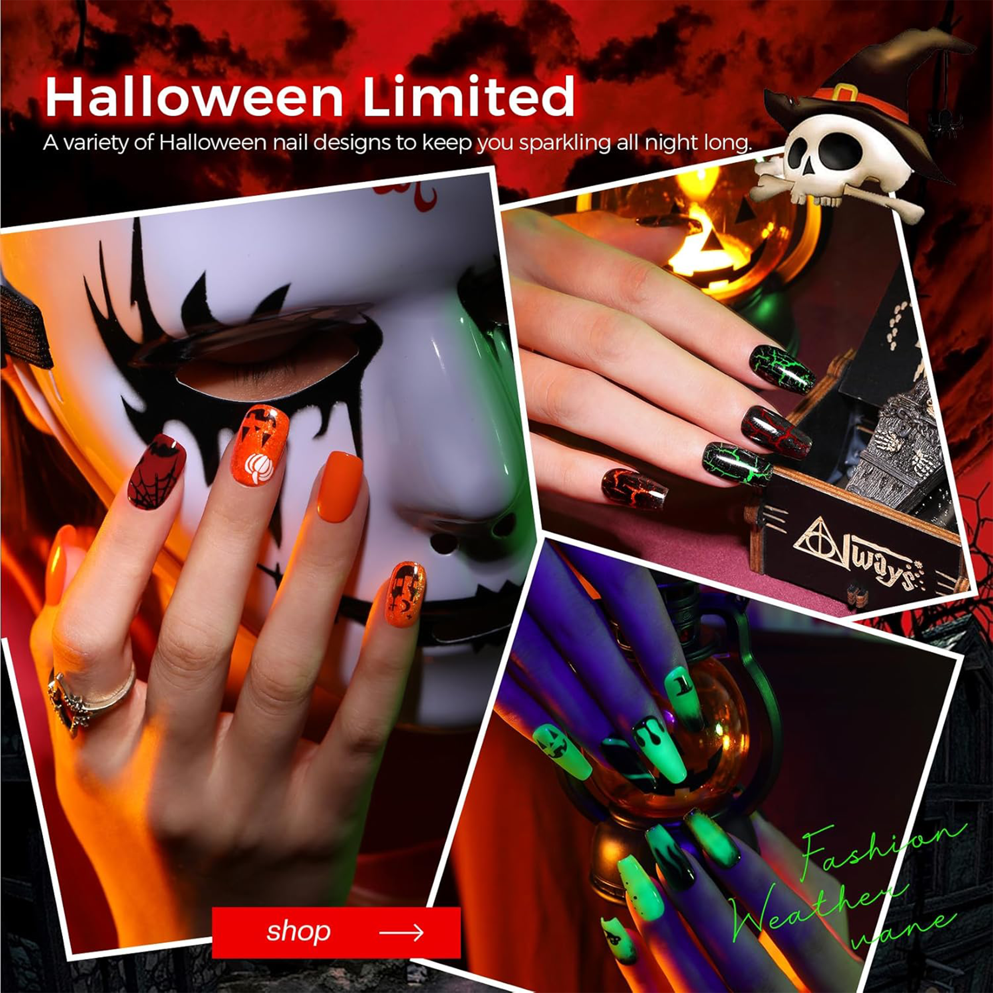 Morovan Halloween Nail Polish Set: Black Crackle Pumpkin Orange Glow in the Dark Neon Green Fingernail Polish Kit with Nail Stickers