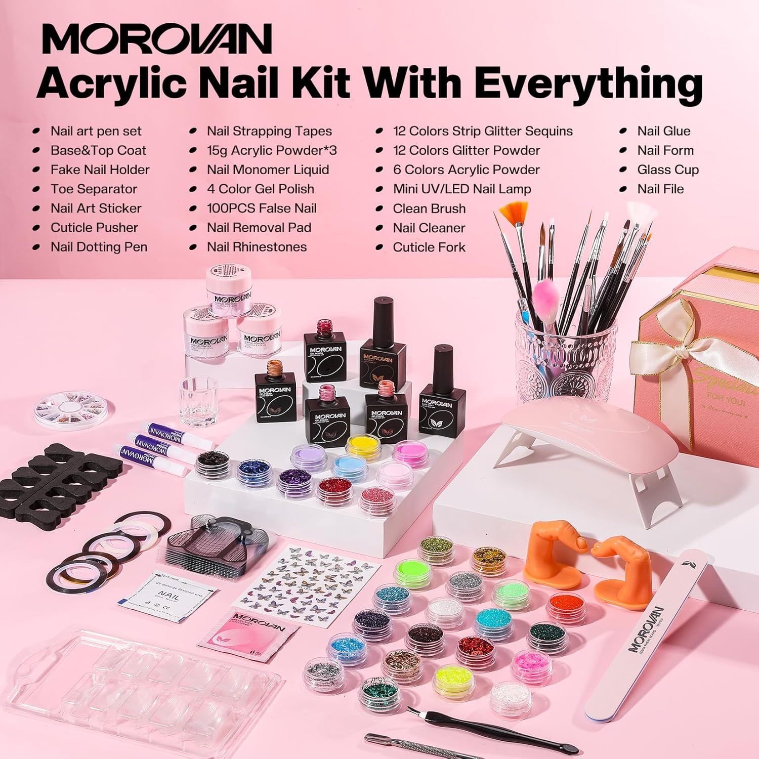 Morovan Acrylic Nail Kit with U V Lamp with Everything Starter Nail Kit Set Professional for Beginners