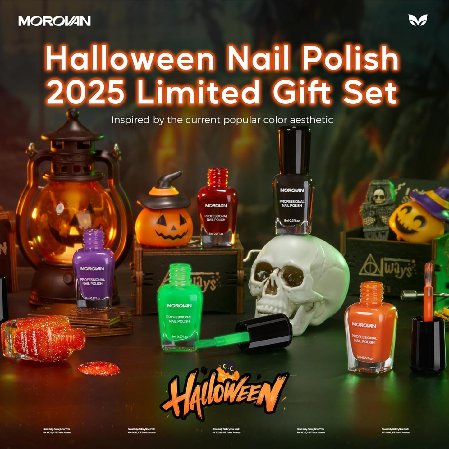 Morovan Halloween Nail Polish Set: Black Crackle Pumpkin Orange Glow in the Dark Neon Green Fingernail Polish Kit with Nail Stickers