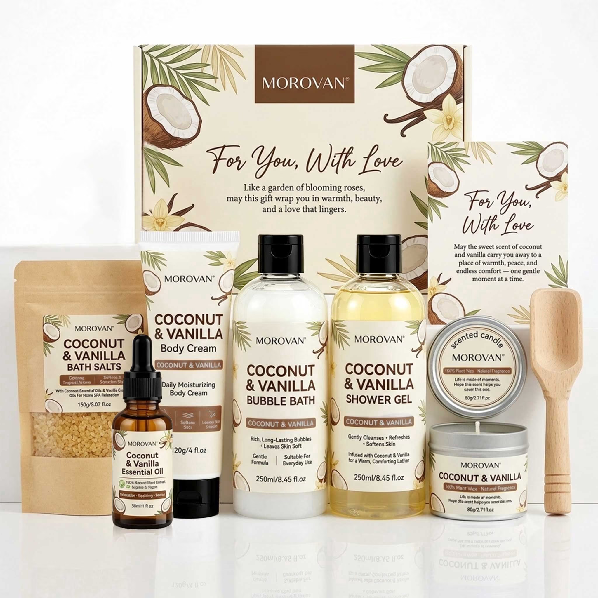 Morovan Coconut & Vanilla Spa Gift Set for Women, 8 Pcs Relaxing Home Bath & Body Basket with Bubble Bath, Shower Gel, Body Cream, Candle & Essential Oil, Birthday Gifts for Her													