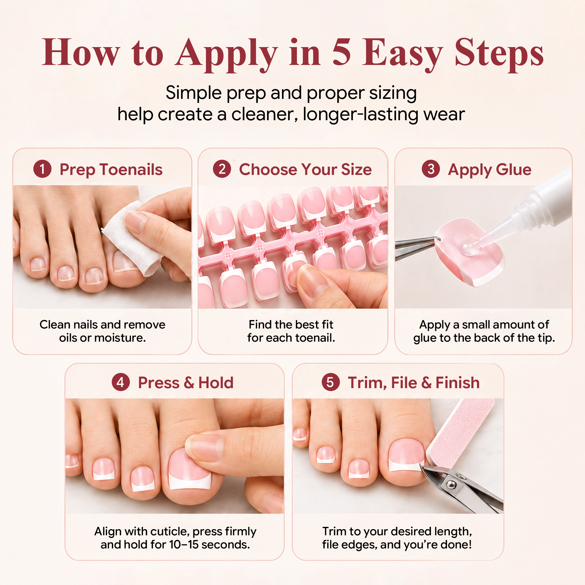 Morovan French Tips Toe Press On Nails, 160pcs Square Soft Gel False Toenails with Pre-Designed Berry Pink Full Cover Tips, 16 Sizes