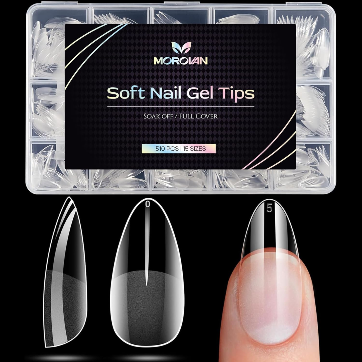 Morovan Long Almond Nail Tips Full Cover Clear Gelly Nails Tips Half Matte Acrylic Tips for Home DIY Salon Manicure 510PCS 15 Sizes