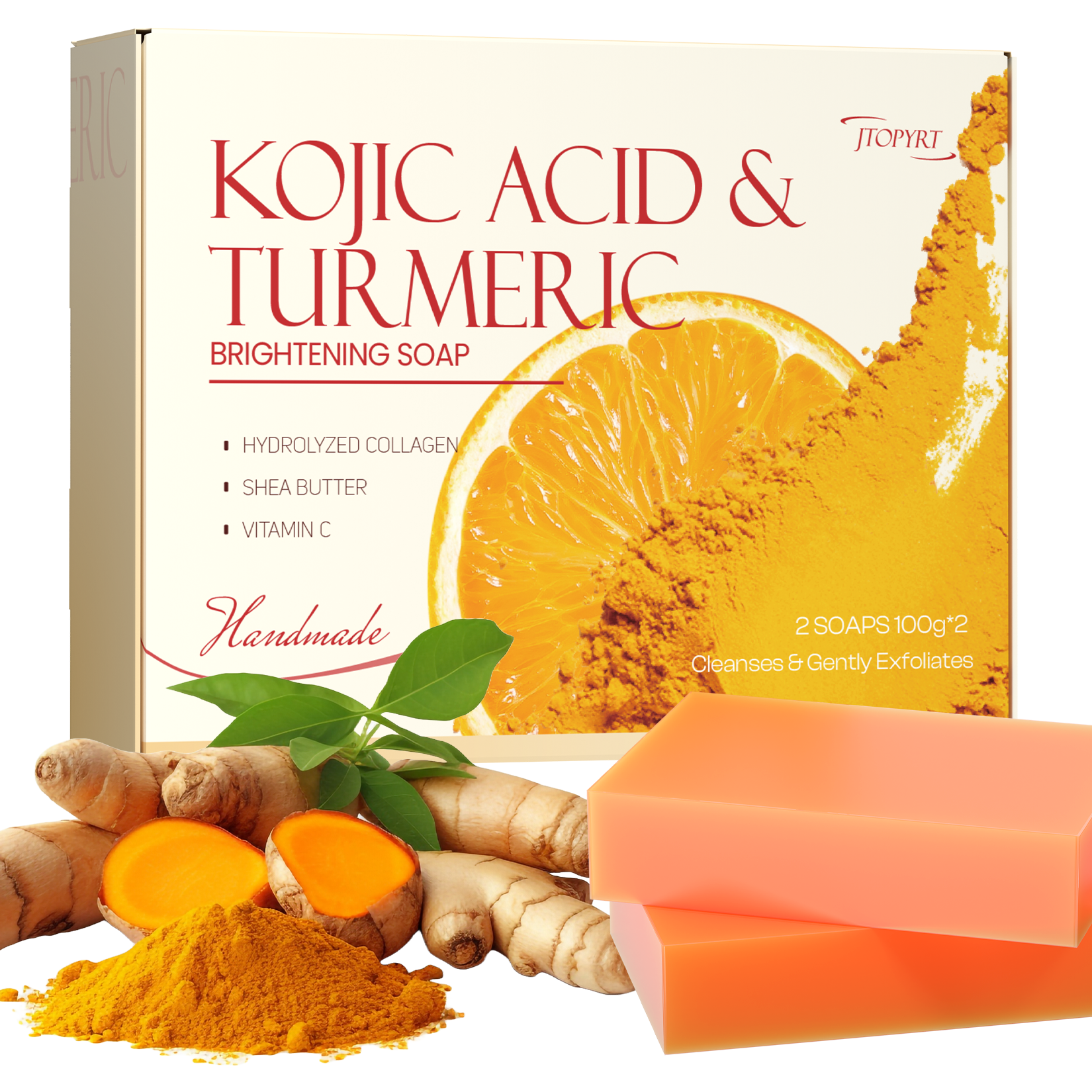 Jtopyrt Turmeric Soap for Dark Spots – Kojic Acid Bar Soap – Face & Body Cleanser for All Skin Types（200g）