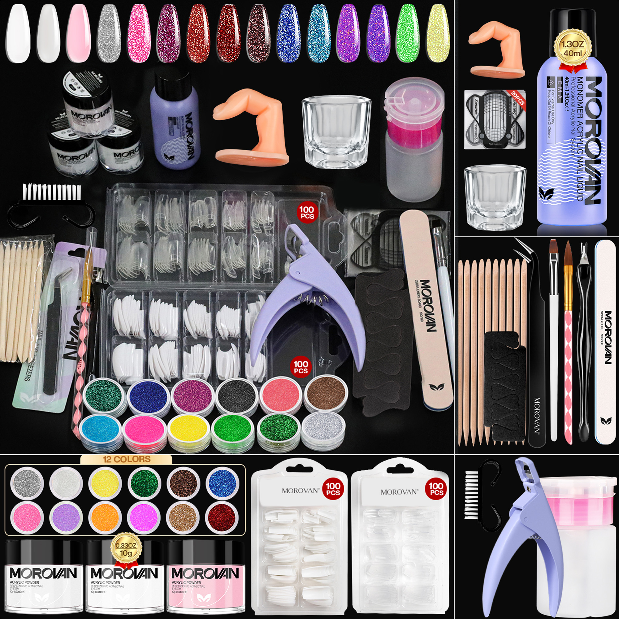 MOROVAN All-in-One Acrylic Nail Kit, with 12 Colors Glitter Powder, Reusable Fake Nails Full Set for DIY Nail Art at Home