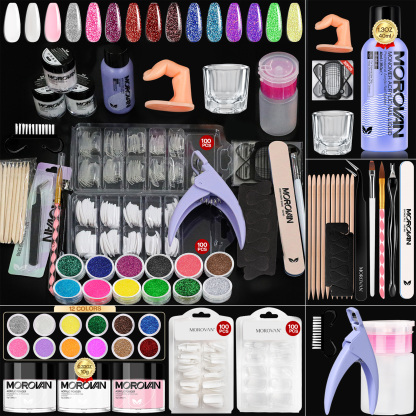 MOROVAN All-in-One Acrylic Nail Kit, with 12 Colors Glitter Powder, Reusable Fake Nails Full Set for DIY Nail Art at Home