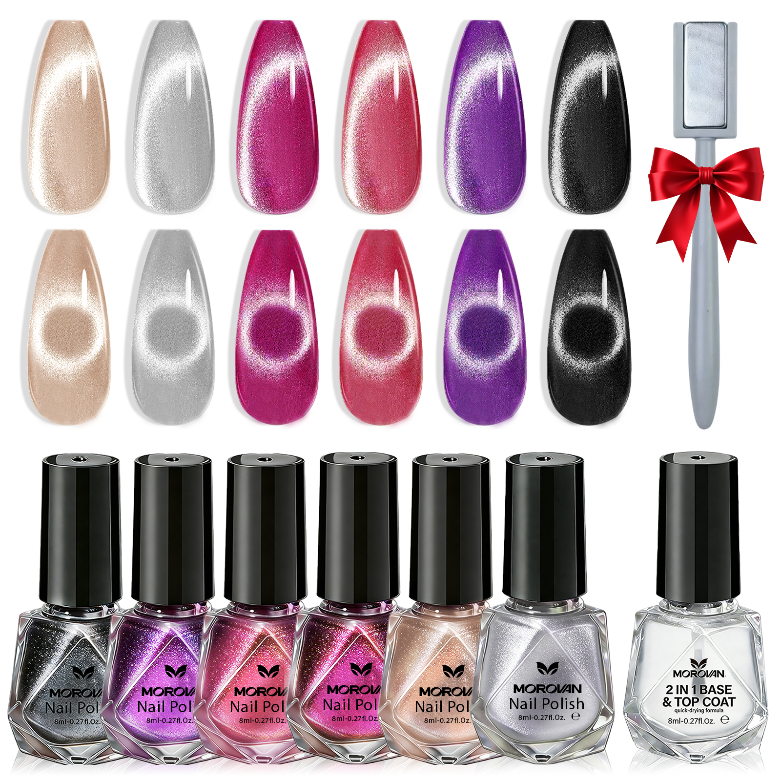 Morovan 6-Color Cat Eye Nail Polish Set with Base & Top Coat, Quick Dry Mooncat Glitter Holographic Polish in Gold Silver Purple & More, DIY Salon Manicure Kit at Home