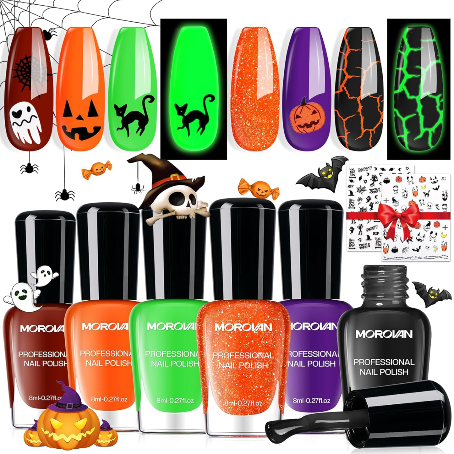 Morovan Halloween Nail Polish Set: Black Crackle Pumpkin Orange Glow in the Dark Neon Green Fingernail Polish Kit with Nail Stickers