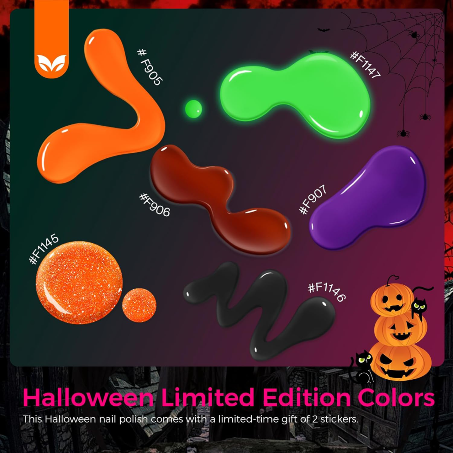 Morovan Halloween Nail Polish Set: Black Crackle Pumpkin Orange Glow in the Dark Neon Green Fingernail Polish Kit with Nail Stickers