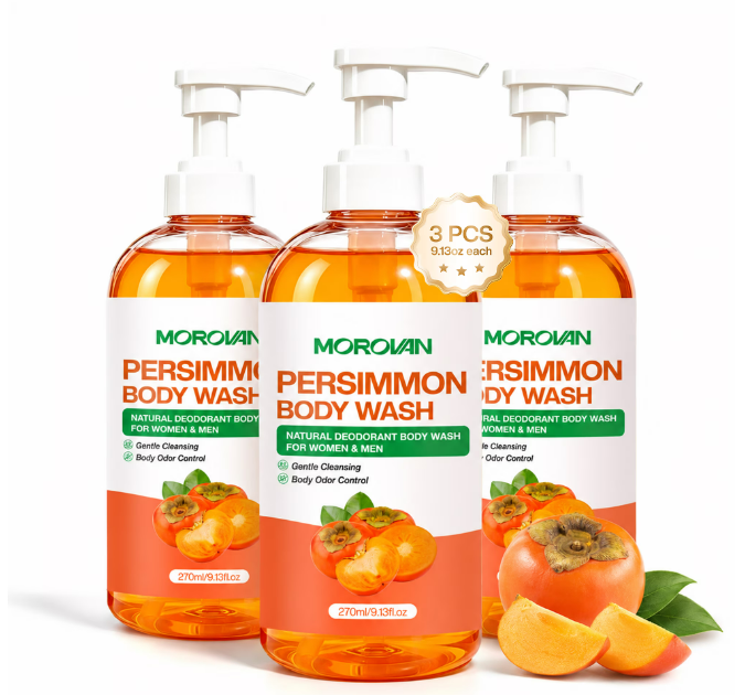 Persimmon Body Wash Natural Deodorant Odor Care Shower Men Women Seniors 3 Packs 9 fl oz Each