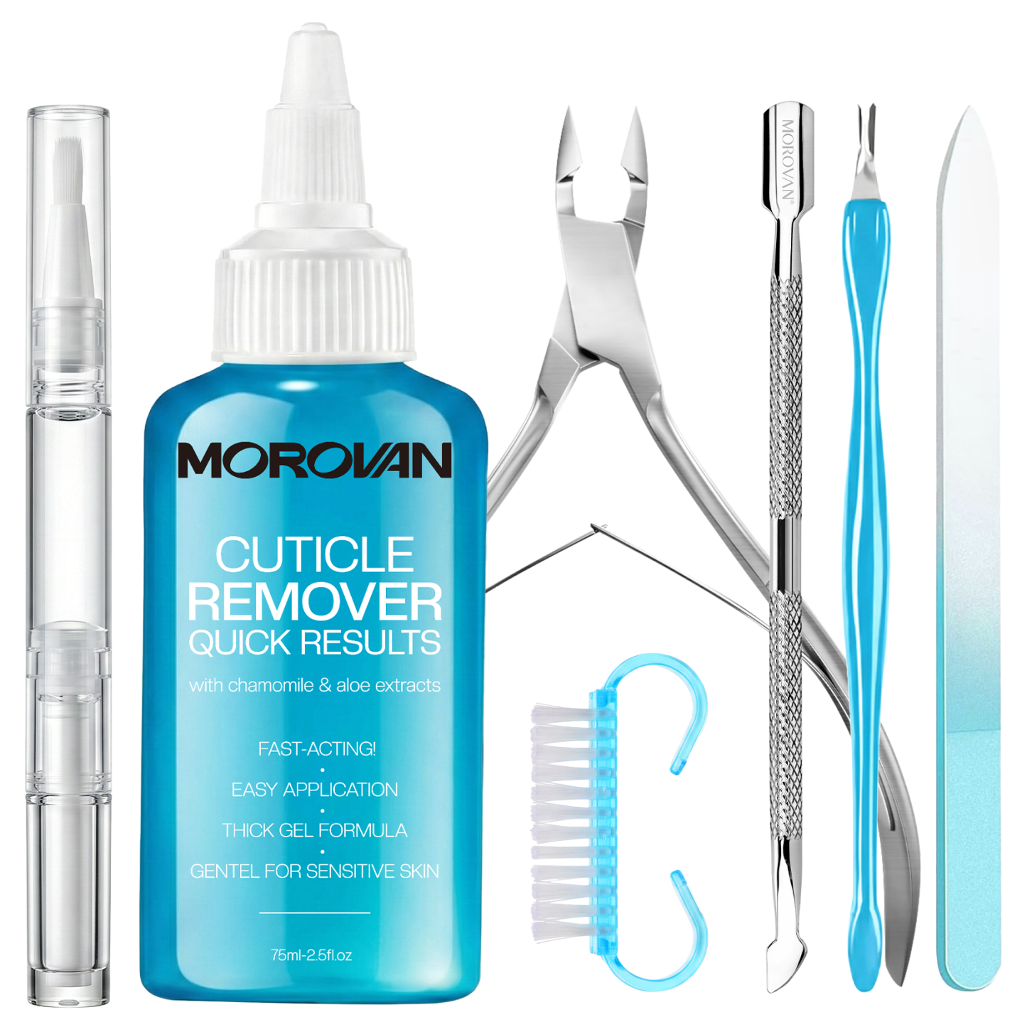 Morovan 7Pcs Cuticle Remover Kit– Cuticle Remover, Cuticle Oil & Stainless Steel Manicure Tools for DIY Salon-Quality Nail Care at Home