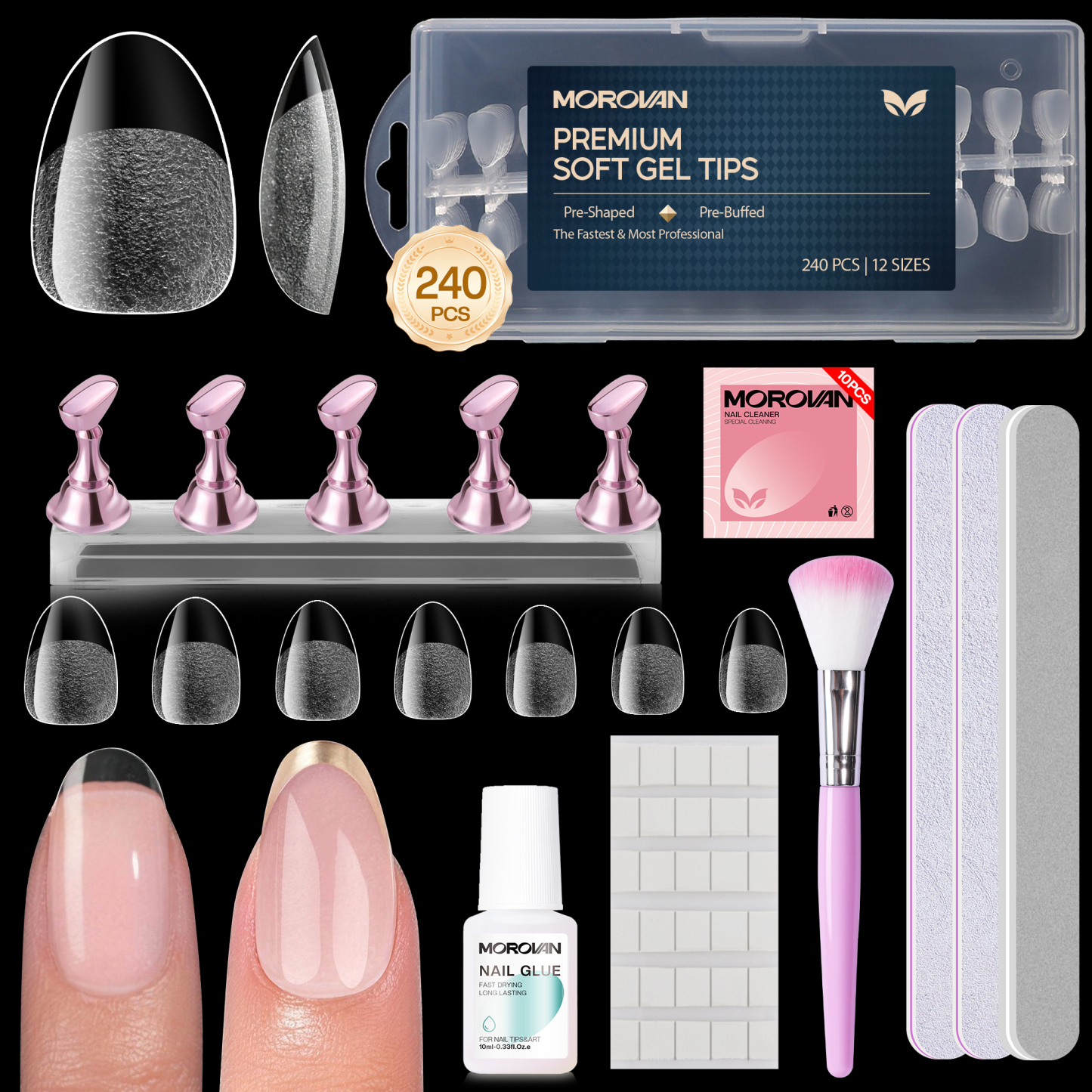 Morovan 240Pcs Short Almond Nail Tips Kit with Brush-On Glue, Nail Stand, Adhesive Putties & Manicure Tools,Complete DIY Press-On Nails Set for Home Salon
