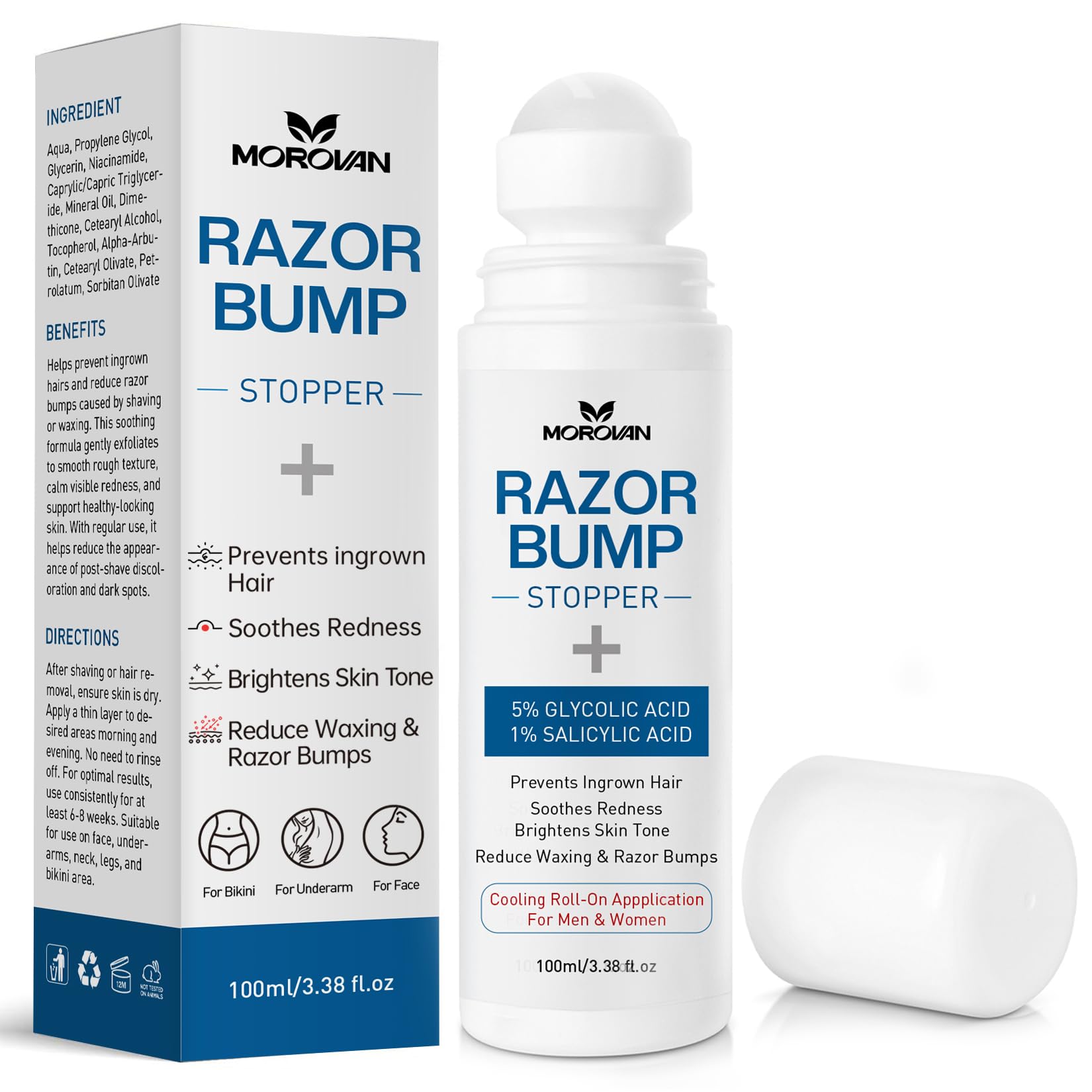 Morovan Razor Bumps Treatment: Ingrown Hair Solution for Bikini Area, Beard & Body, Post Wax After Shaving Soothing Serum for Women & Men - 3.38fl.oz