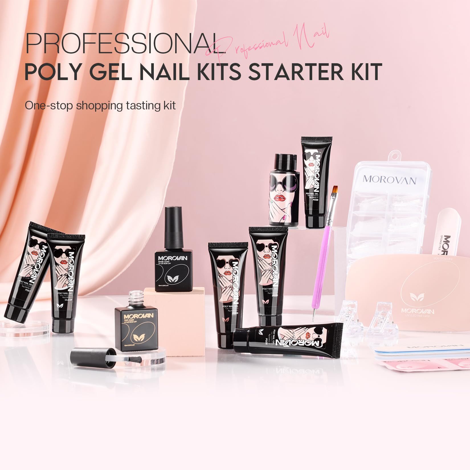 Morovan Poly Gel Nail Kit Starter Kit: 6 Colors Poly Nail Gel Kit with U V Lamp Complete Nail Extension Poly Gel Kit for Beginners