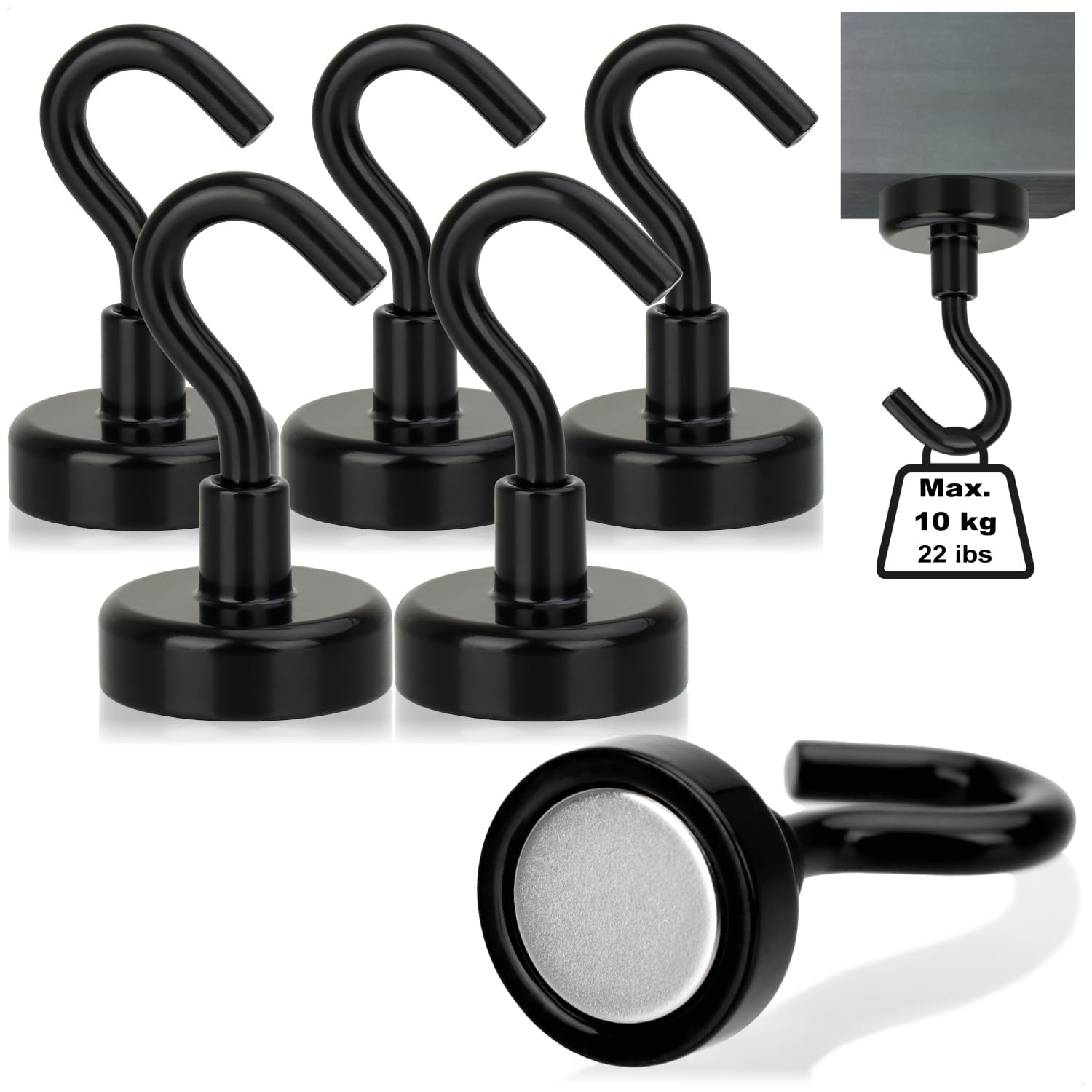 neodymowe haczyki magnetyczne 10 kg - bardzo mocny magnes warsztatowy z haczykiem 45 x 25 mm - do kuchni, lazienki, garazu lub biura - wieszak na ubrania z magnesem neodymowym