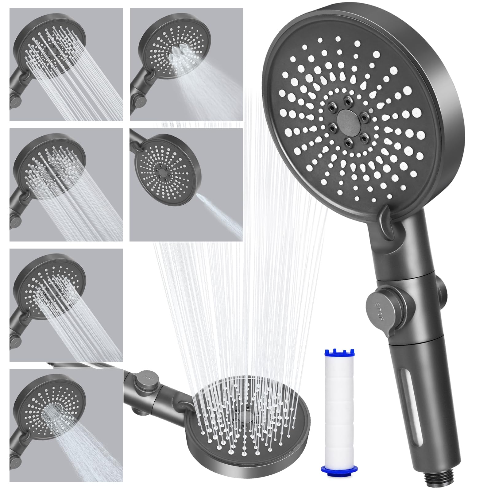 Słuchawka prysznicowa z filtrem skutecznie usuwającym chlor i inne duże cząsteczki, 6 trybów natrysku, konstrukcja ciśnieniowa, pojemność filtra 1 miesiąc