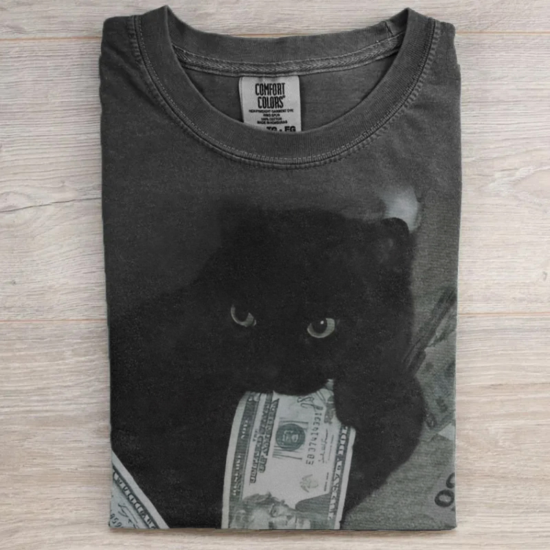 Black Cat With A Dollar Bill T-Shirt