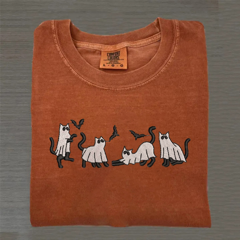 Embroidered Ghost Cat Halloween T-shirt