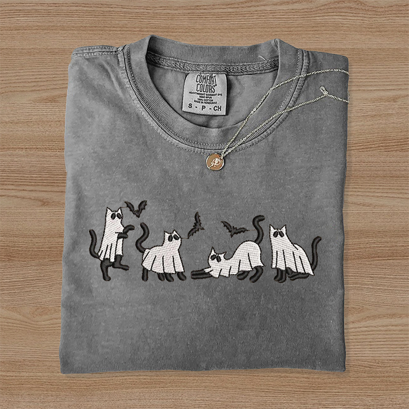 Embroidered Ghost Cat Halloween T-shirt