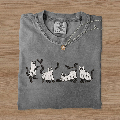 Embroidered Ghost Cat  HalloweenT-shirt