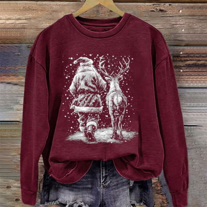 Santa And Reindeer Walking In Snow Christmas Sweatshirt