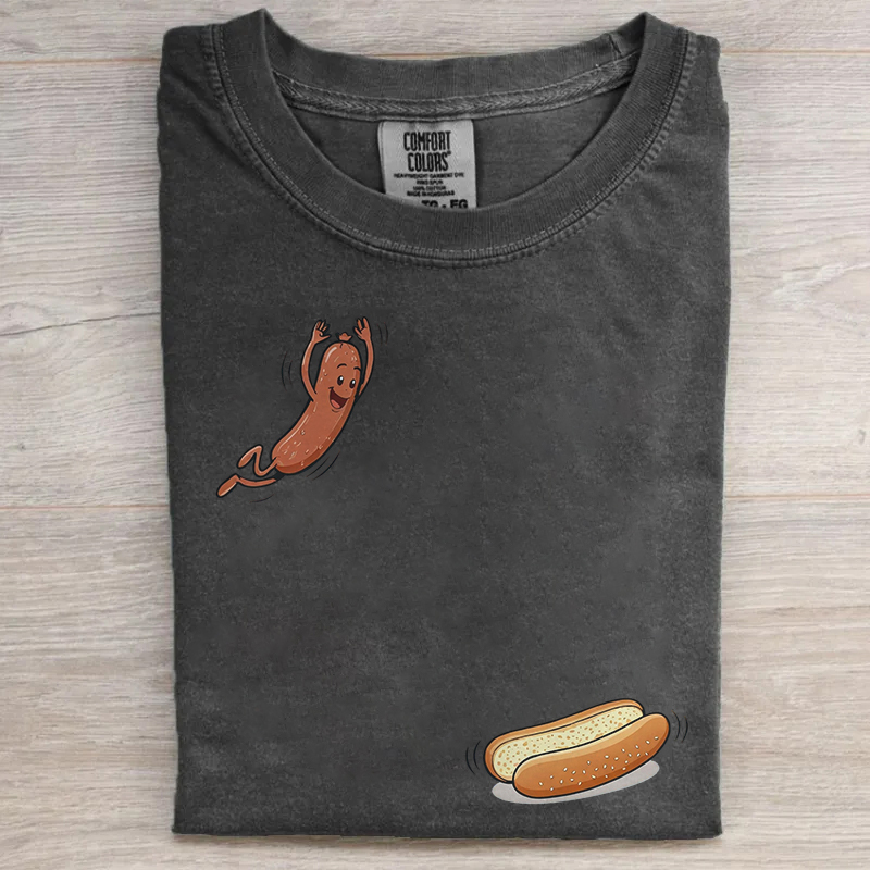 Funny Cute Hot Dog Jumping Into Bun T-shirt