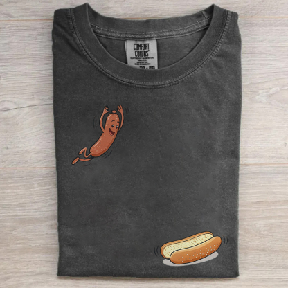 Funny Cute Hot Dog Jumping Into Bun T-shirt