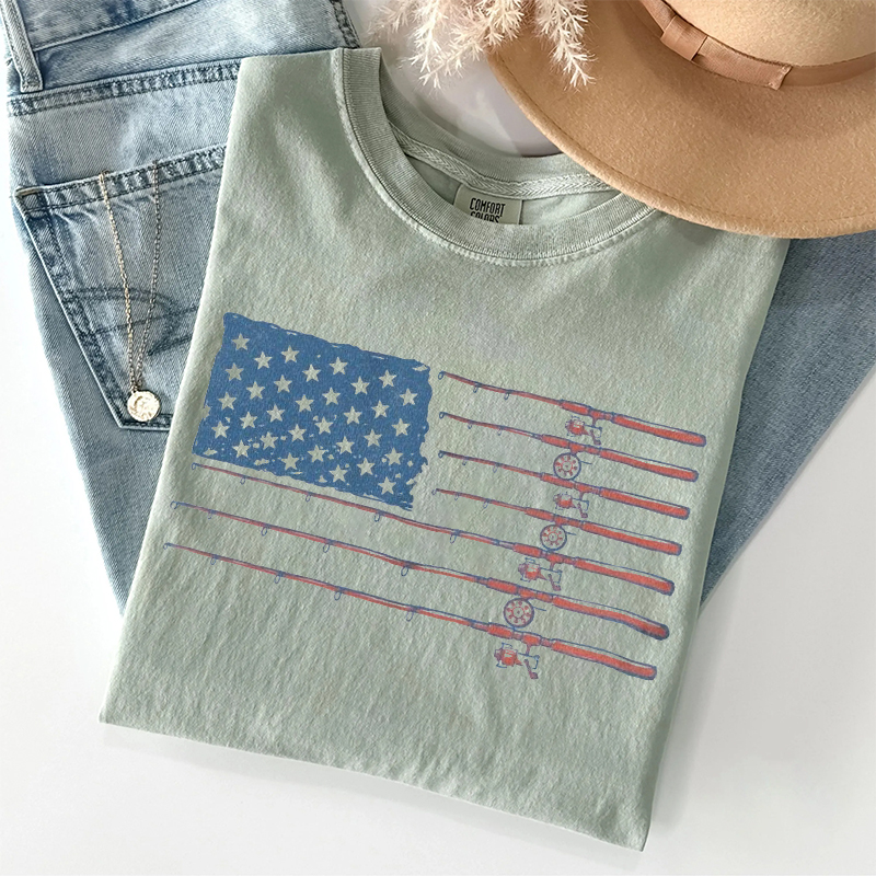 Patriotic Fishing Rod USA Flag T-shirt