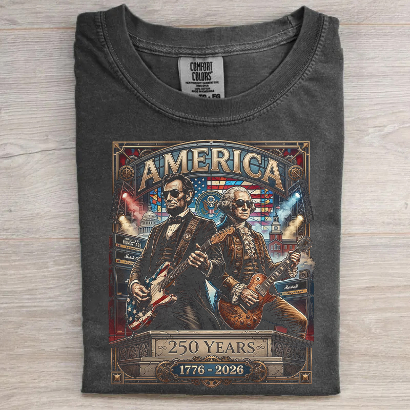 250 Years America George Washington & Lincoln Playing Guitar T-shirt