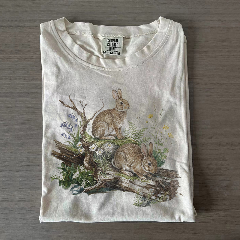 Vintage Woodland Rabbit Graphic  T-shirt