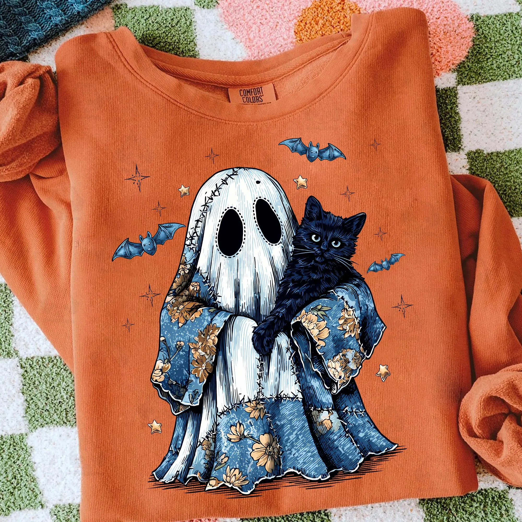 Trendy Patchwork Spooky Ghost And Cat Sweatshirt