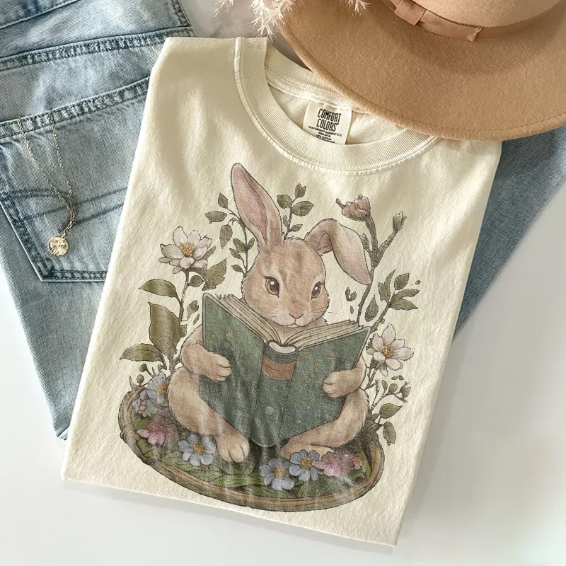 Vintage Cottagecore Bunny Book Lover T-shirt