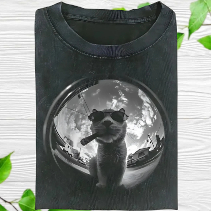 Funny Cigar Cat Fisheye Graphic T-shirt