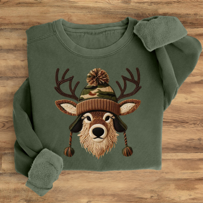 Deer Head With Camouflage Hat Sweatshirt