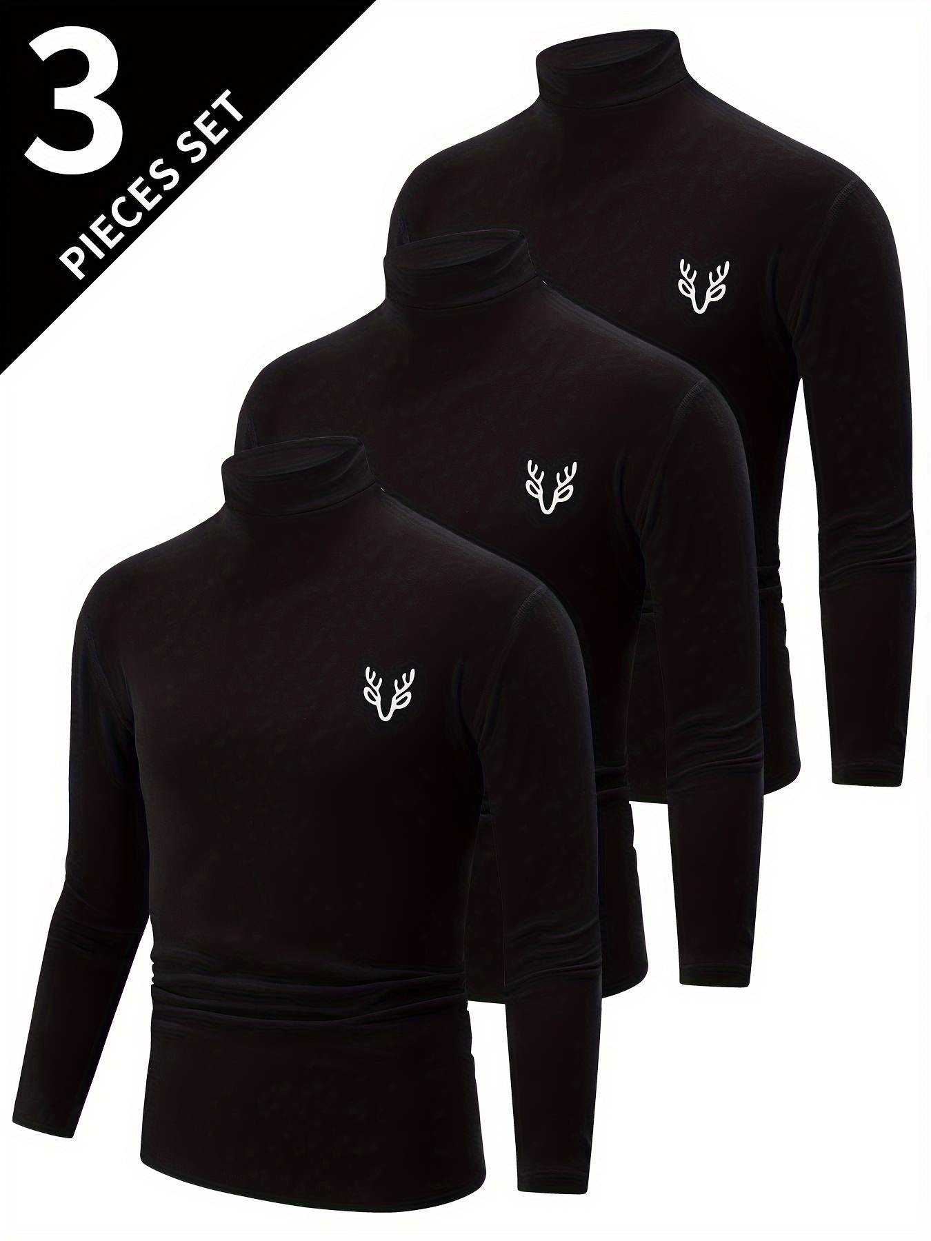 3PCS Men's Elegant Solid Deer Head Print Thermal Long Sleeve T-shirt 