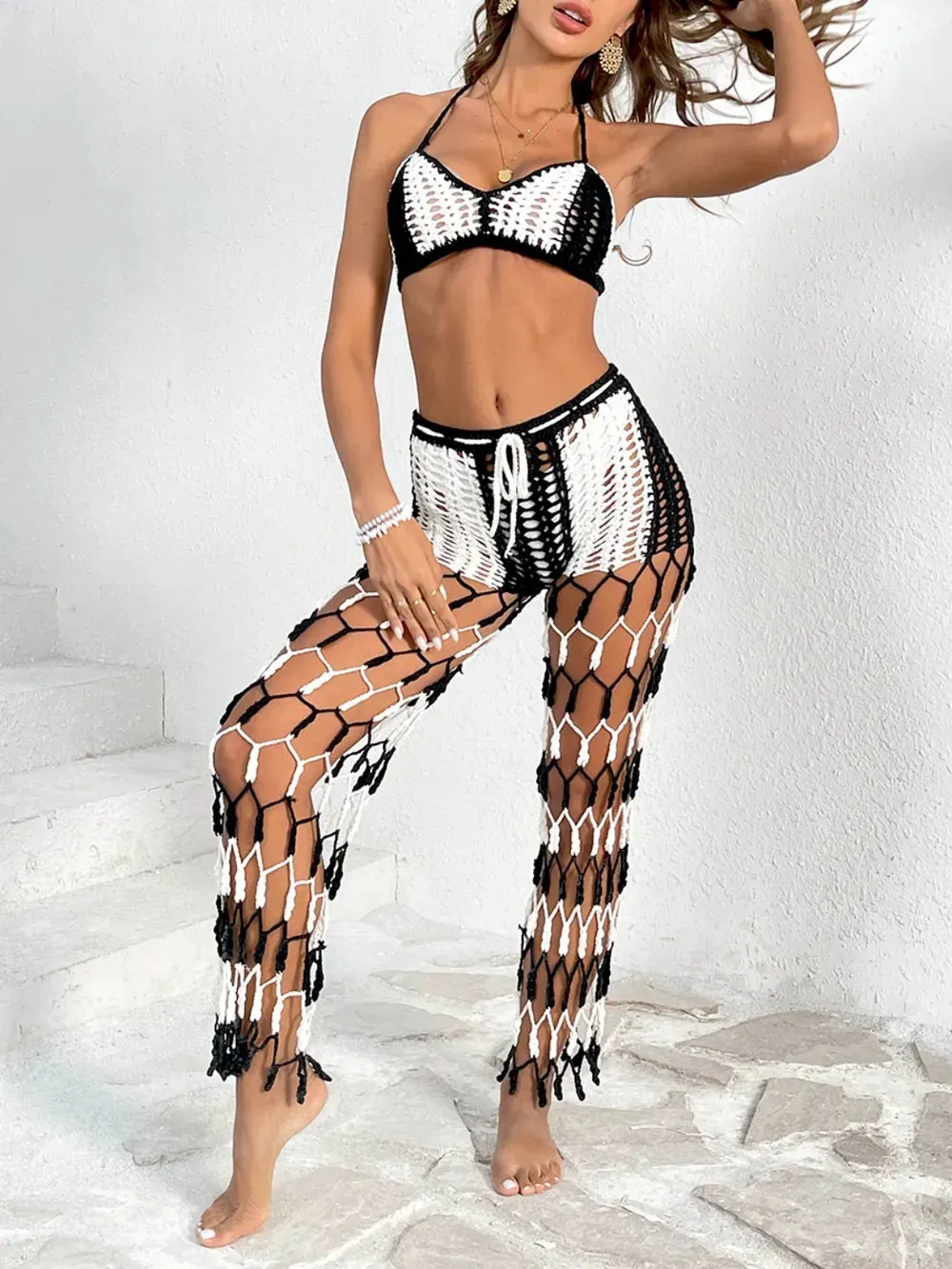 Beach pants top set mesh beach pants color engraved with hand hook flower