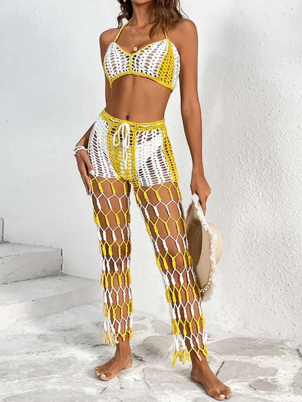 Beach pants top set mesh beach pants color engraved with hand hook flower